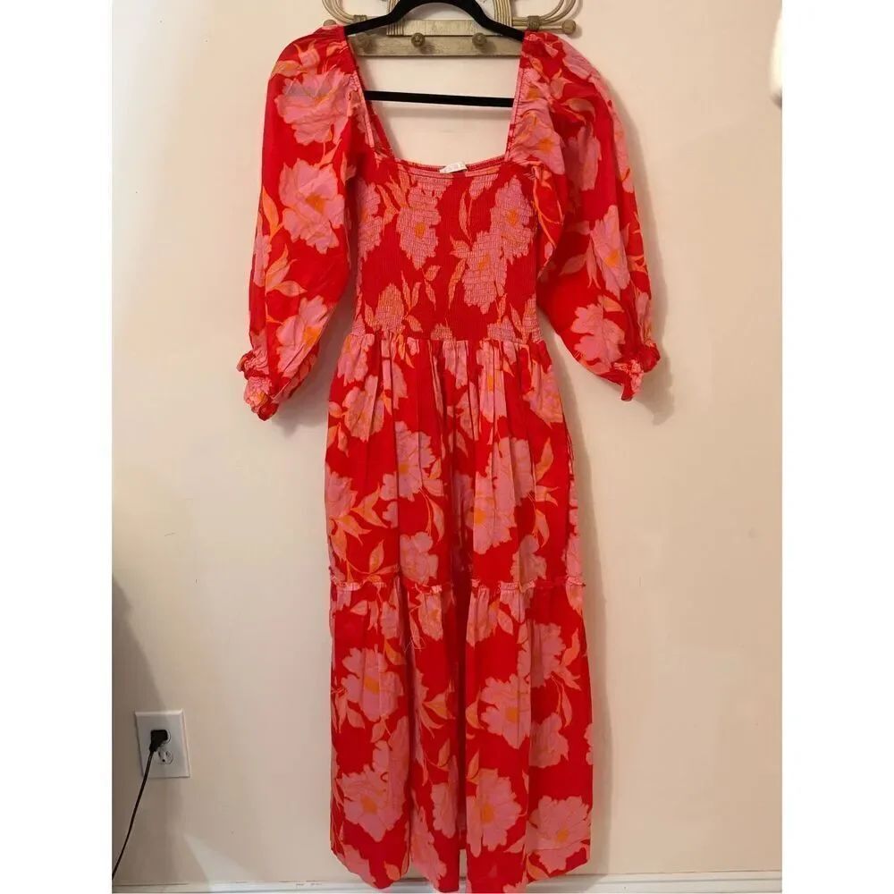 Karlie Red Pink Combo Floral Smocked Midi Dress S